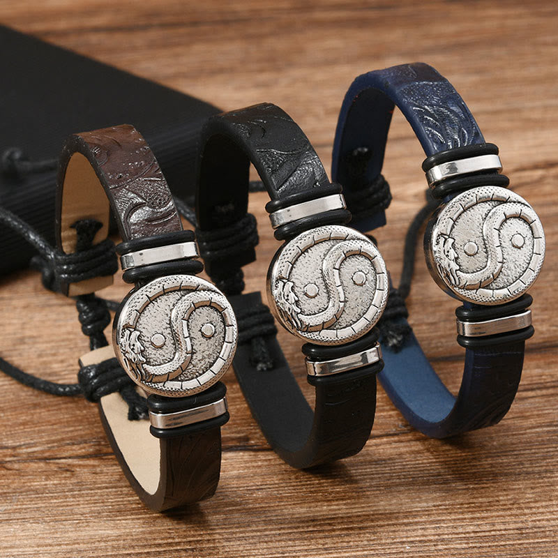 Wear FengShui Round Engraved YIN YANG Dragon Leather Balance Bracelet