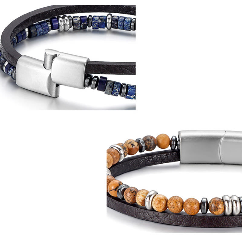 Wear FengShui Lapis Lazuli Tiger Eye Bead Balance Leather Bracelet