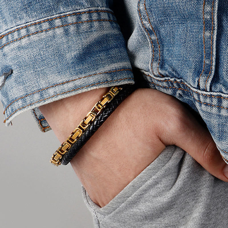 Wear FengShui Link Chain Double Wrap Braided Leather Balance Bracelet