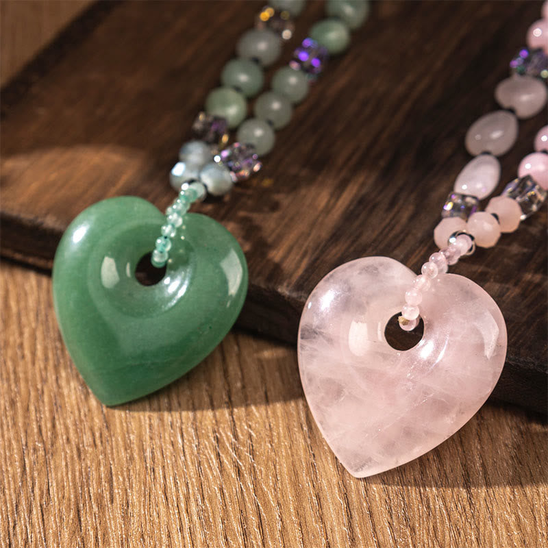 Wear FengShui Rose Quartz Green Aventurine Love Heart Beads Luck Necklace Pendant