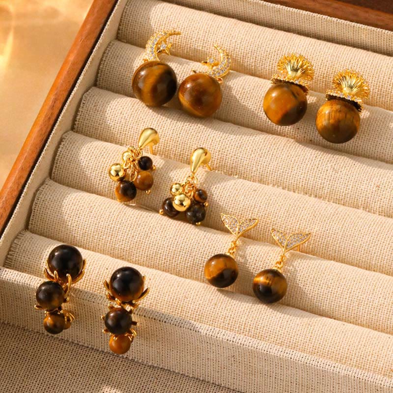 Wear FengShui Tiger Eye Round Bead Fish Tail Irregular Design Protection Earrings