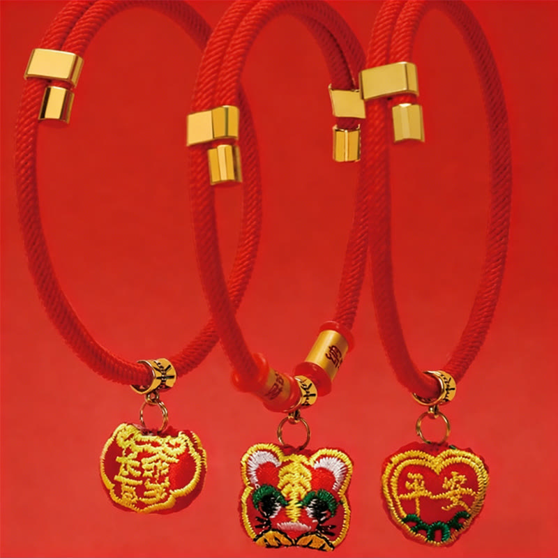 Wear FengShui Red String Plaited Embroidery Tiger Fu Character Protection Adjustable Cats Dogs Pet Collar
