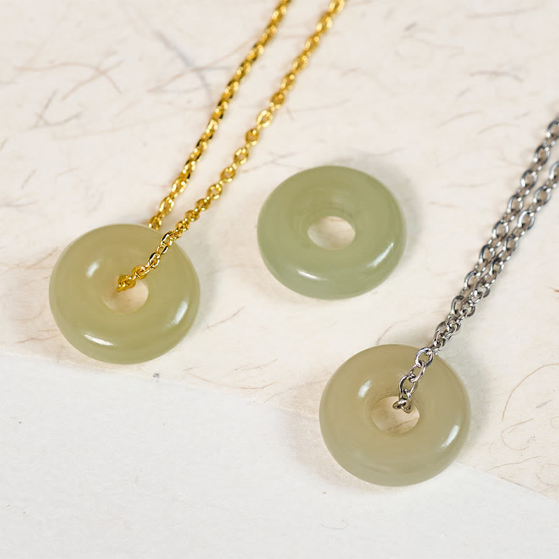 Wear FengShui Natural Green Jade Peace Buckle Prosperity Necklace Pendant