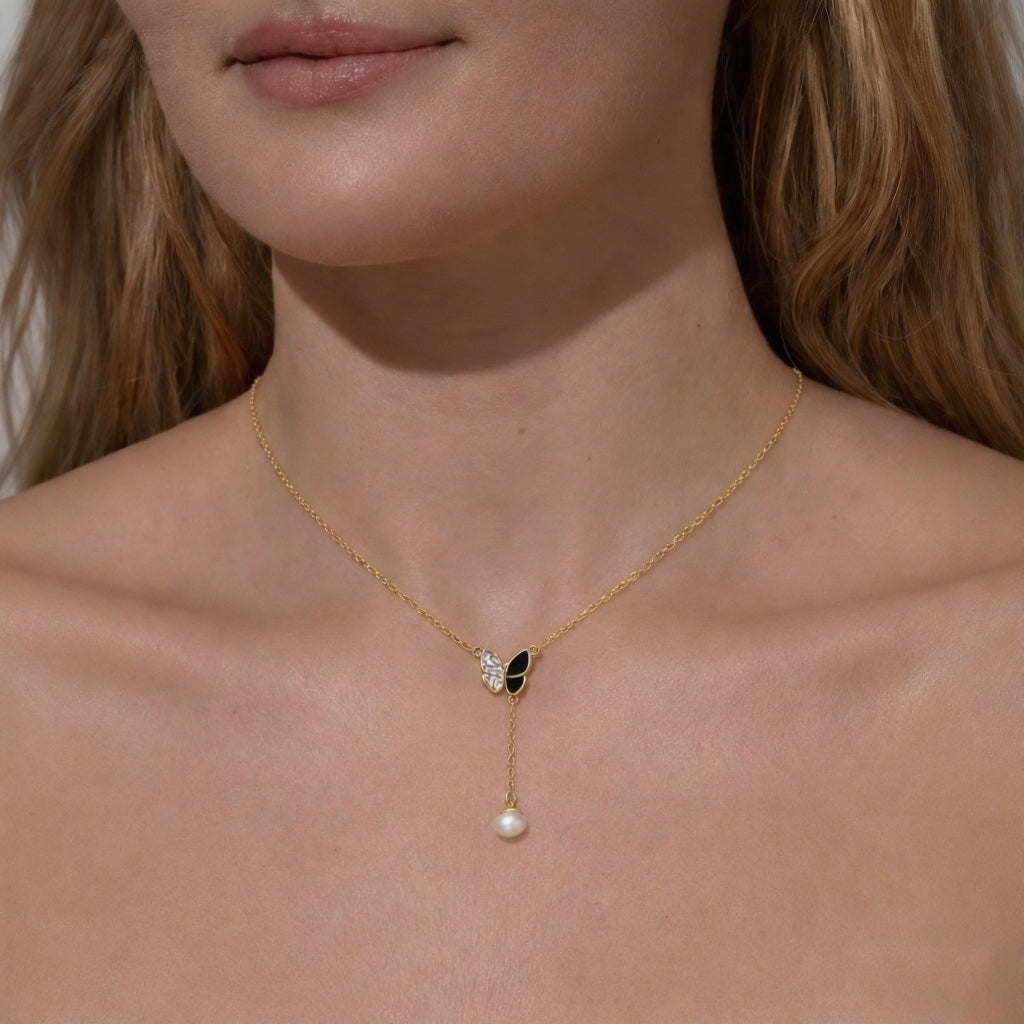 Butterfly Necklace with 18K Gold Plating and Pearl Charm