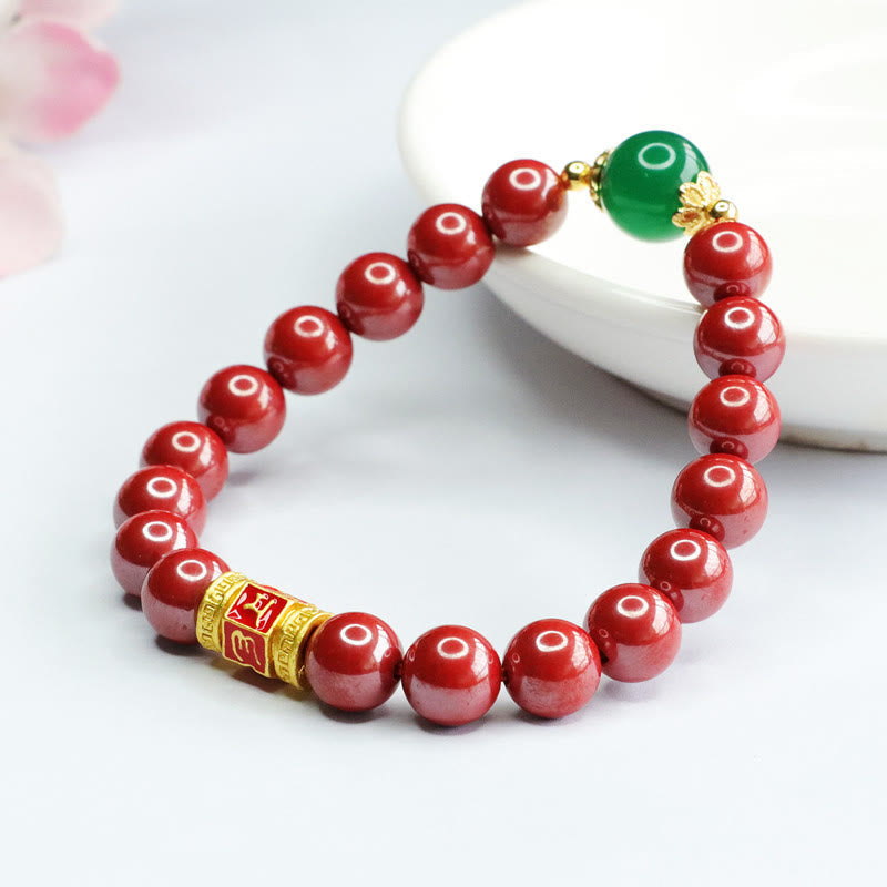 Wear FengShui Natural Cinnabar Green Agate Om Mani Padme Hum Pattern Blessing Bracelet