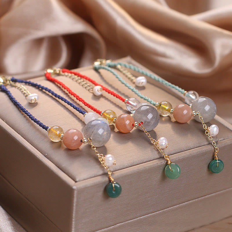 Wear FengShui Moonstone Sunstone Beads Peace Buckle Charm Healing Bracelet
