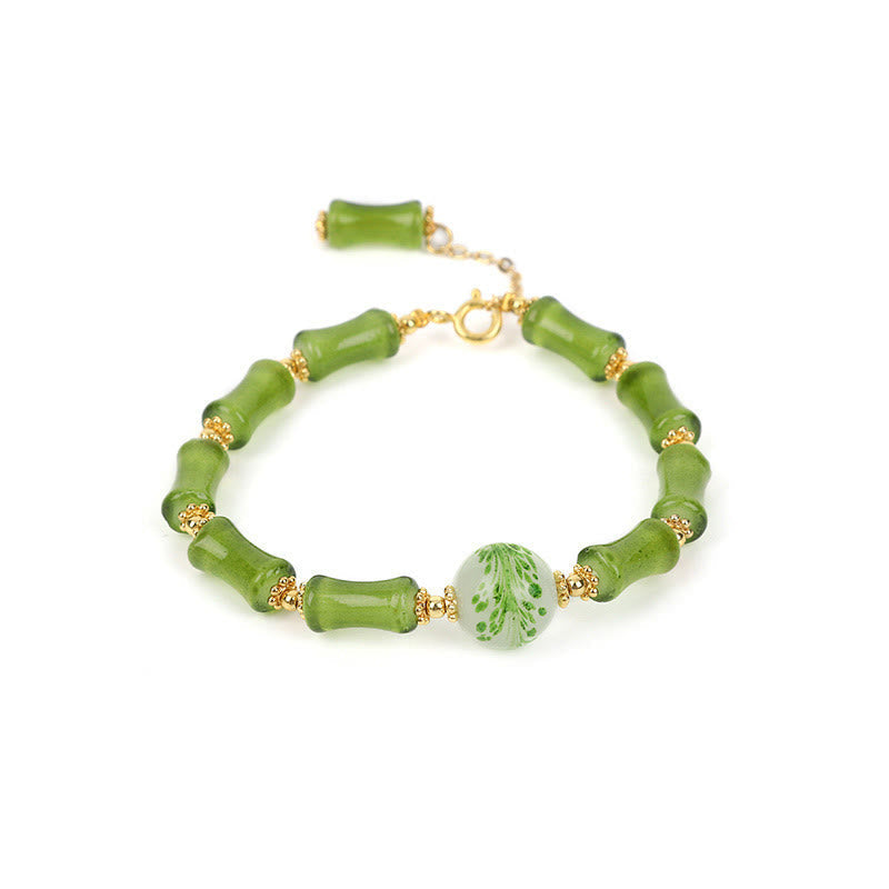 Wear FengShui Green Bamboo Pattern Liuli Crystal Moss Agate Wealth Chain Bracelet
