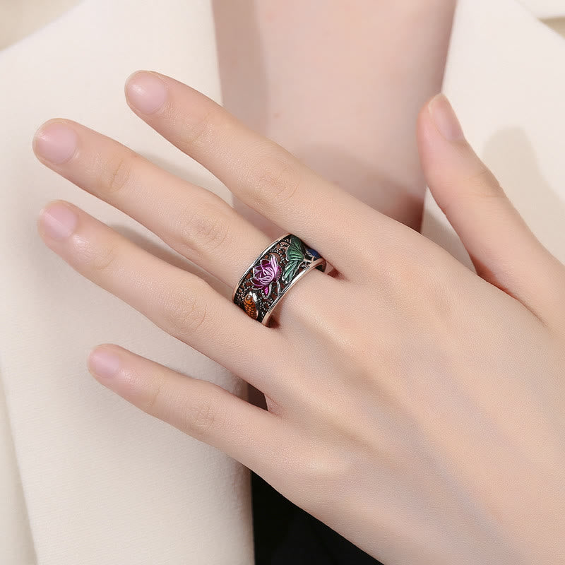 Wear FengShui Copper Blue Enamel Lotus Heart Sutra Koi Fish Luck Ring