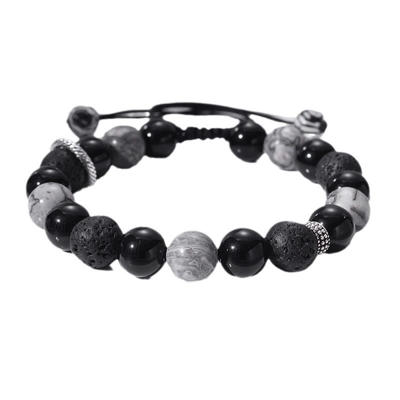Wear FengShui Vintage Lava Rock Black Obsidian Picasso Jasper Beads Support Rope Bracelet