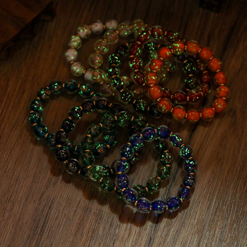 Wear FengShui Gold Swallowing Beast Family Charm Luminous Fluorescent Liuli Glass Bead Success Bracelet