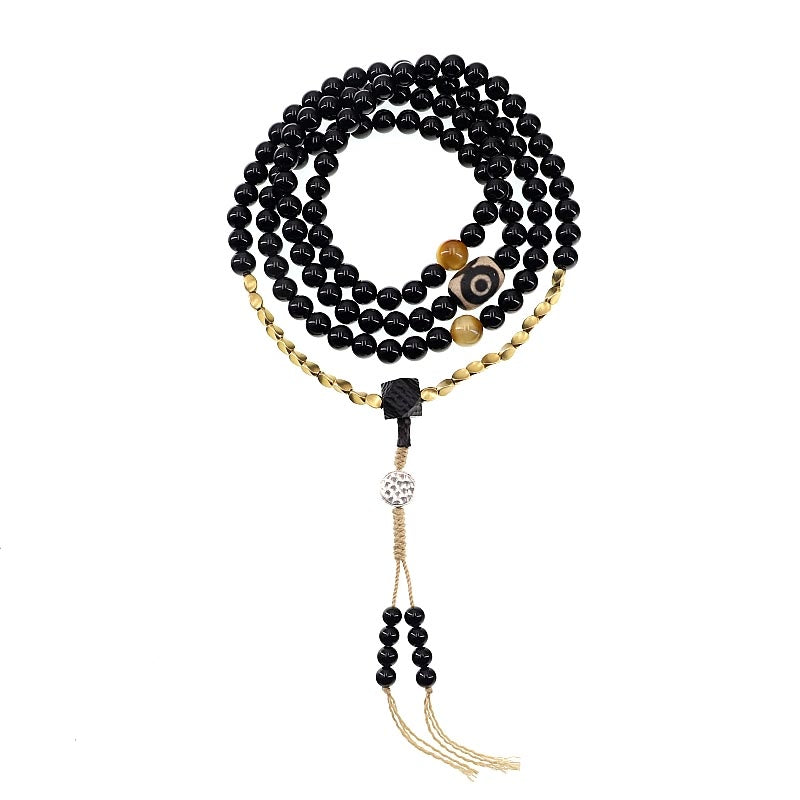 Wear FengShui Tibetan 108 Mala Beads Black Onyx Three-eyed Dzi Beads Protection Bracelet