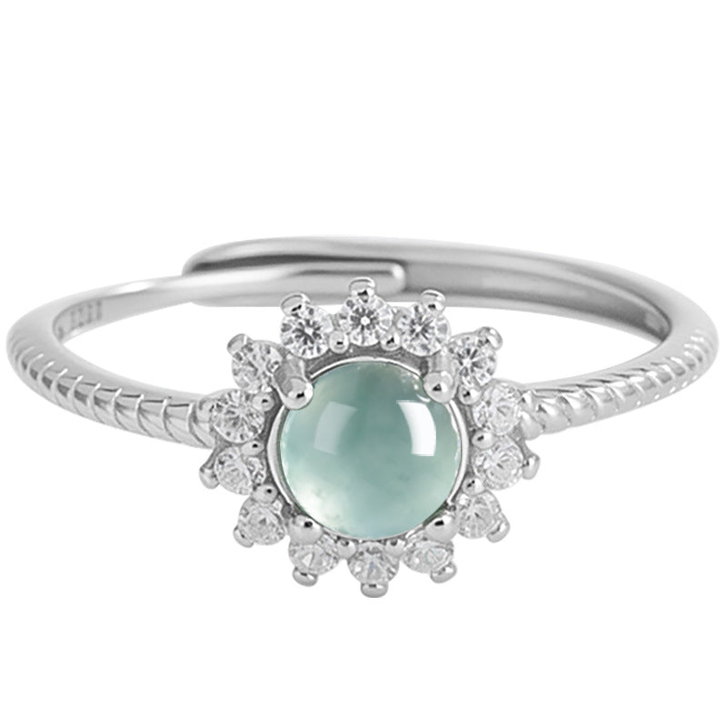 Natural A-Grade Blue Water Jadeite Adjustable Ring for Women β S925 Silver, 5.0mm Cabochon Stone