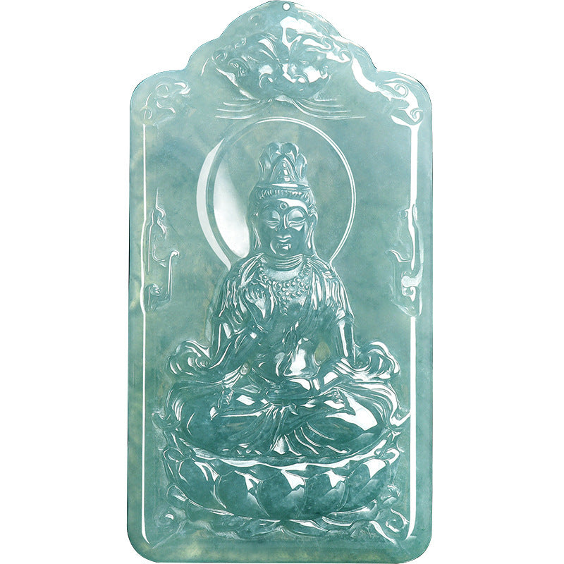 Natural Blue Water Jadeite Guanyin Pendant β A-Grade Jade, Spiritual Protection Talisman