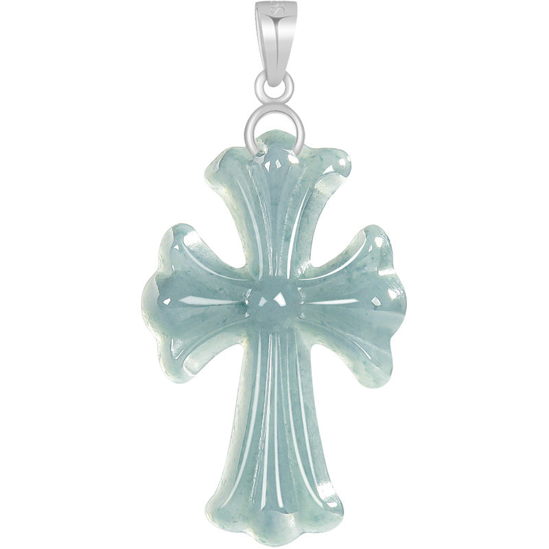 Natural Ice Blue Jadeite Cross Pendant ā A-Grade Blue Water Jade with S925 Silver, 36mm Christian Talisman