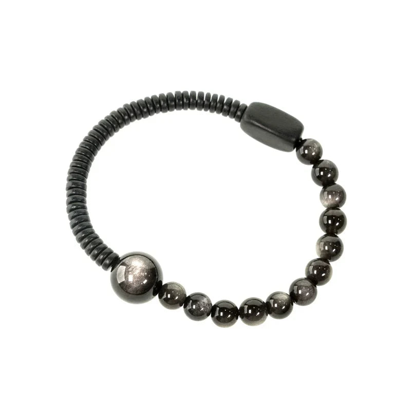 Ebony Wood & Cat's Eye Silver Obsidian Bracelet for Protection & Inner Clarity