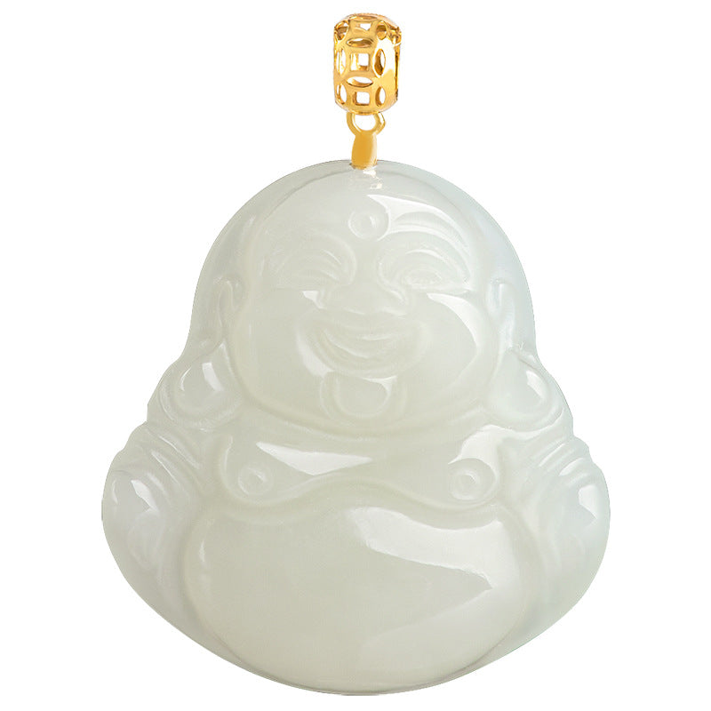 Natural Hetian White Jade Laughing Buddha Pendant for Women