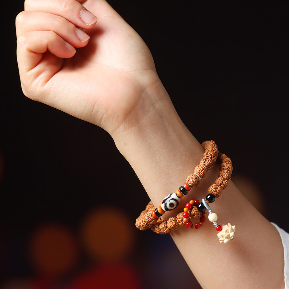 Original Form Small Rudraksha Double Wrap Bodhi Bracelet with Boxwood Carved Lotus Pendant
