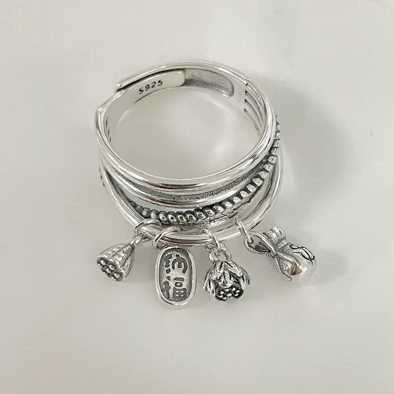 S999 Pure Silver Vintage Multi-Layer Ring with Bell, Lotus Tassel Charms