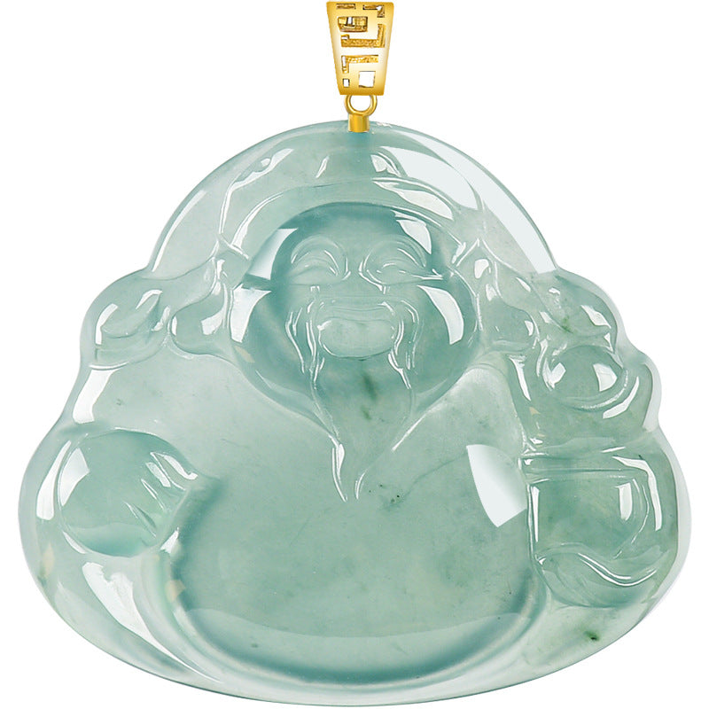 Natural Blue Water Jadeite Cai Shen Pendant ā A-Grade Jade, 18K Gold Setting, Auspicious Wealth Talisman