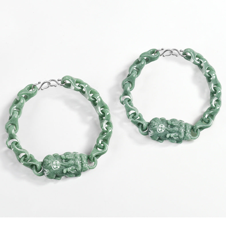 Natural A-Grade Bean Green Jadeite Pixiu Bracelet β Central Pixiu Talisman, Spiritual Protection, Unisex Design