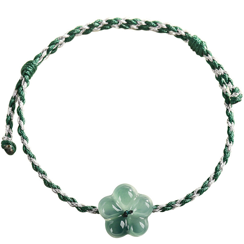 Natural A-Grade Blue Water Jadeite Peach Blossom Bead Bracelet โ Handcrafted Braided Cord, Spiritual Protection & Blessings