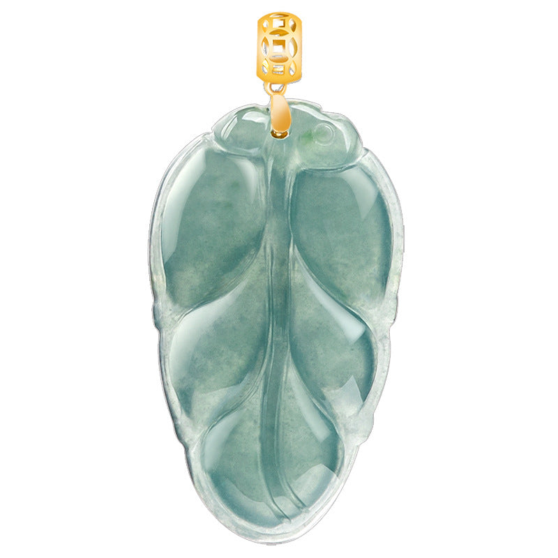 Natural Ice Blue Jadeite Leaf Pendant β Genuine A-Grade Blue Water Jade, 18K Gold Setting with 45cm Silver Chain