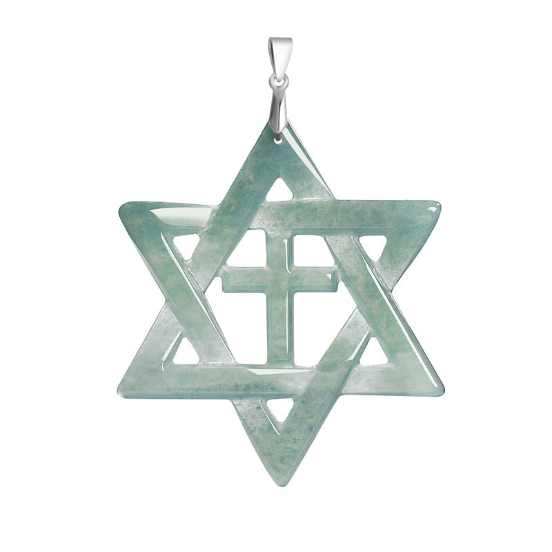 Natural Blue Water Jadeite Hexagram Cross Pendant β A-Grade Jade, S925 Silver, Unisex Fashion Necklace