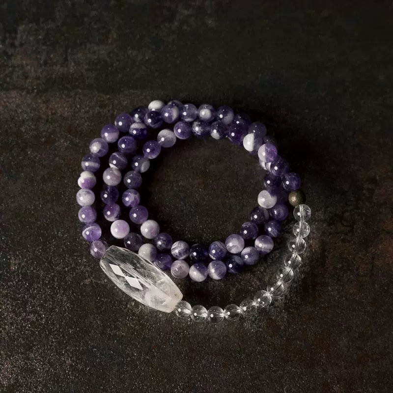 Tibetan-Inspired Multi-Layer Amethyst & Clear Quartz Bracelet · Pure Energy, Sacred Balance