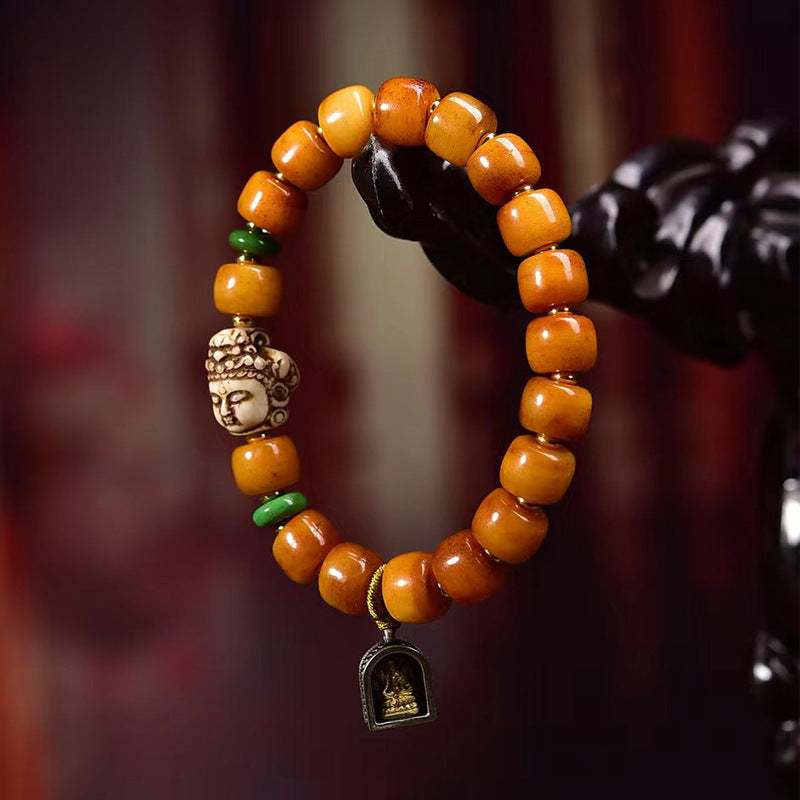 Tibetan Yak Bone Bracelet with Recycled Tibetan Bone Guanyin Pendant โ Spiritual & Cultural Handcrafted Bracelet