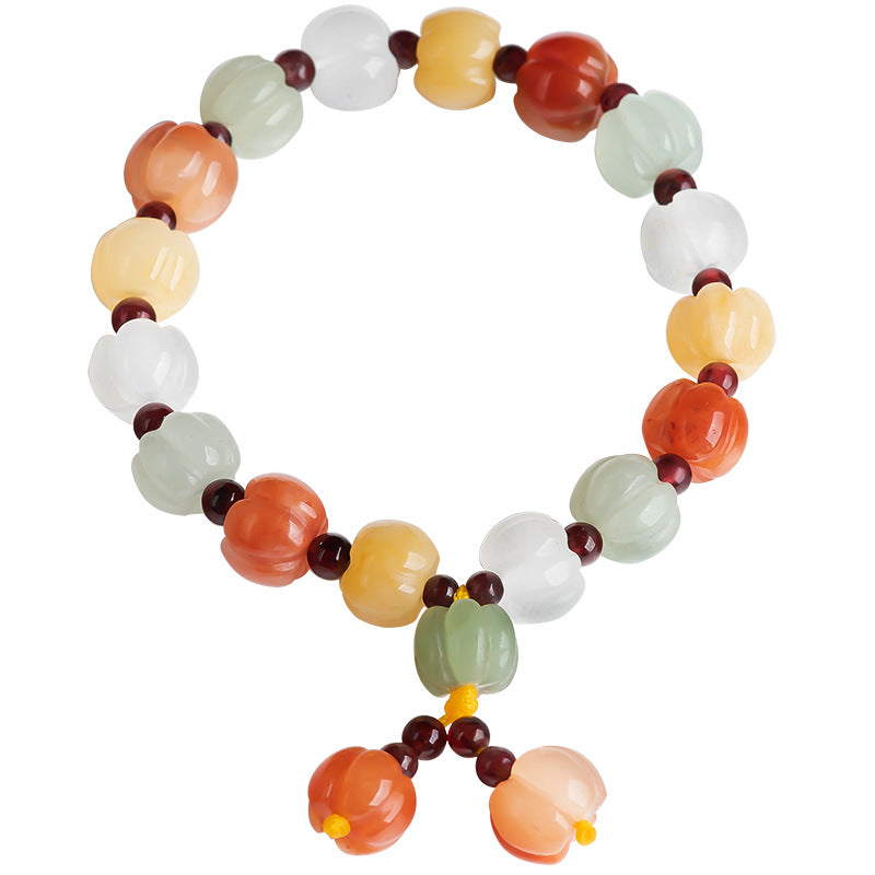 Natural Xinjiang Golden Silk Jade Multicolor Pumpkin Bracelet โ Hand-Carved Lucky Feng Shui Jewelry, Unisex