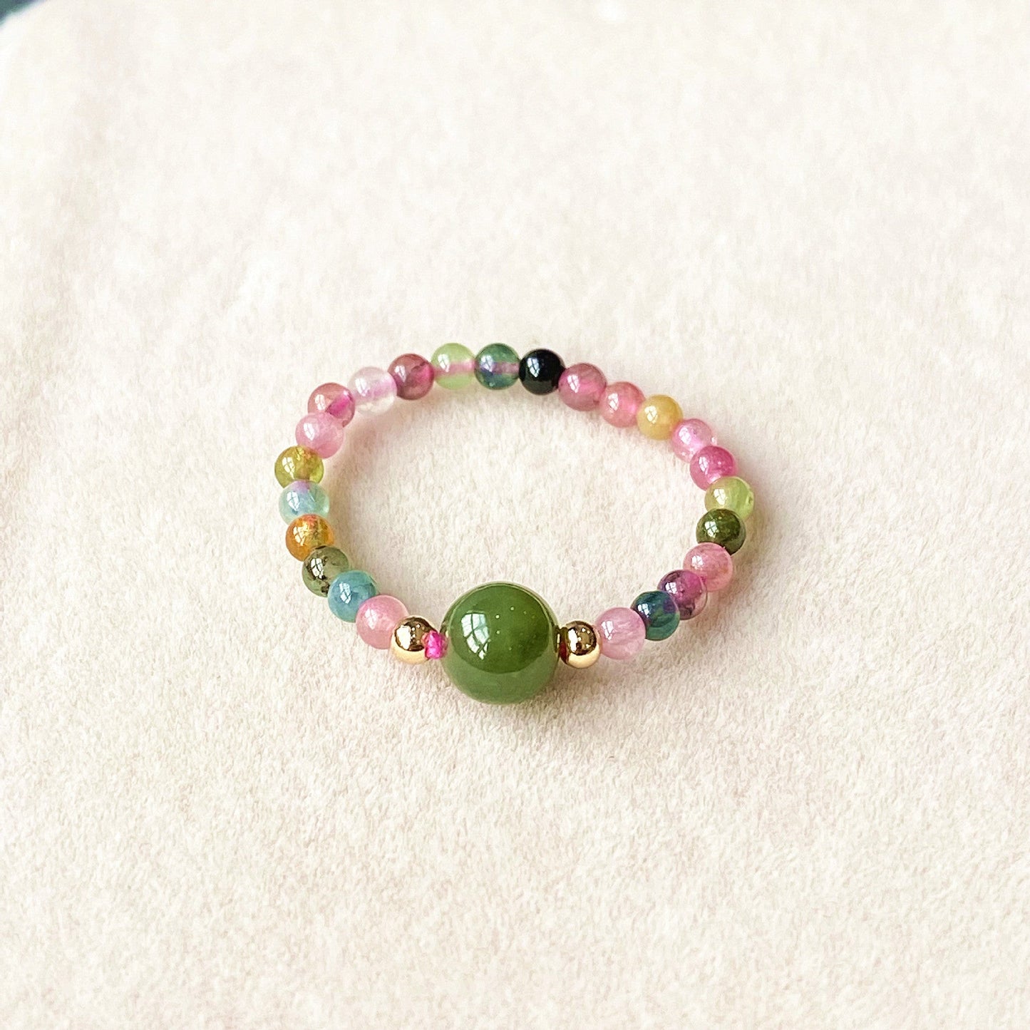 Natural Tourmaline & Green Jade Women's Stretch Ring