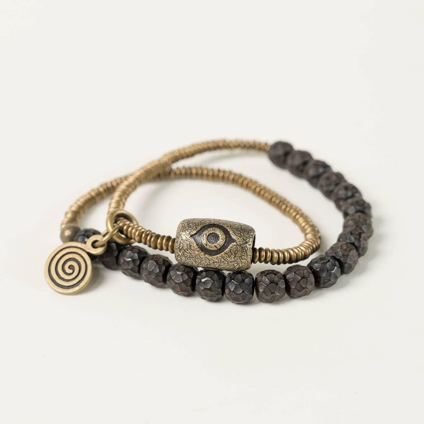 Tibetan Handmade Double-Wrap Coconut Shell & Brass Dzi Bracelet · Earthborn Wisdom, Sacred Protection