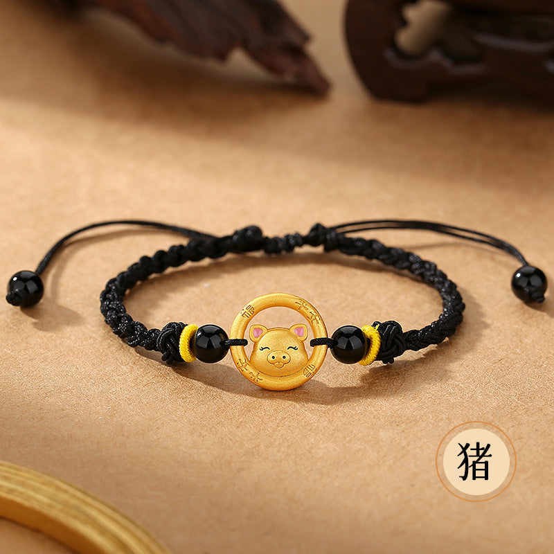 Women’s S925 Silver Peace Circle 12 Chinese Zodiac Bracelet – Woven Black Cord