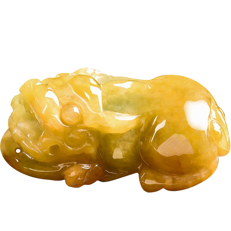 Natural Burmese A-Grade Jadeite Pixiu Pendant ā Yellow-Tinted Jade, Protective Talisman