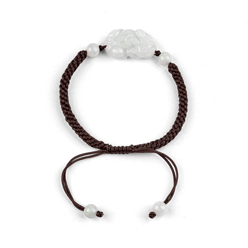 Natural Burmese A-Grade Jadeite Pi Xiu Bracelet β Hand-Carved Jade Charm, Handwoven Red or Brown Cord, Unisex Feng Shui Jewelry