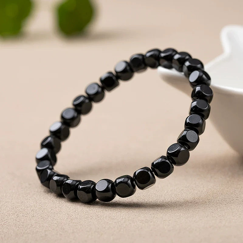 Natural Black Agate Hexagonal Bead Bracelet Unisex Couple Design