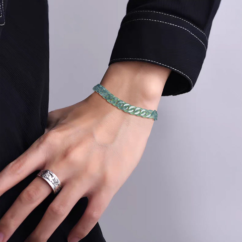 Natural A-Grade Blue Water Jadeite Cuban Link Bracelet ā Ice-Type Jade, Titanium Steel, Hip-Hop Style for Men