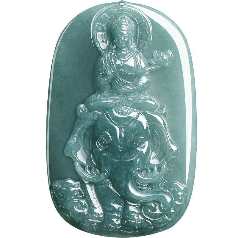Natural Blue Water Jadeite Samantabhadra & Guanyin Pendant ā A-Grade Jade, Zodiac Dragon & Snake Guardian Talisman