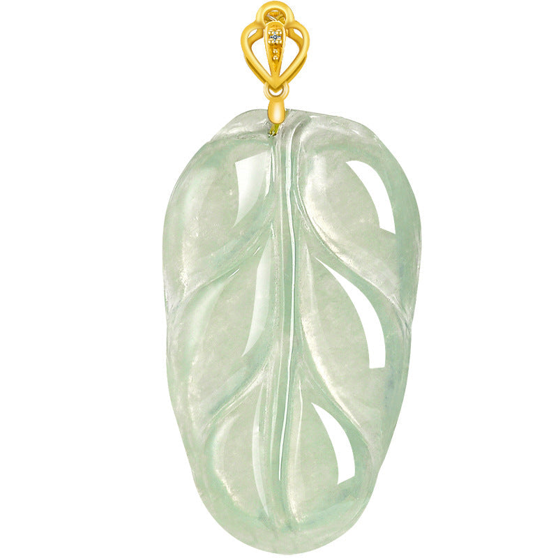 Natural Blue Water Jadeite Leaf Pendant with 18K Gold – A-Grade Jade, Elegant Symbol of Growth & Renewal