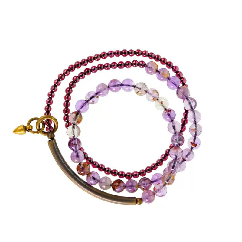 Vintage Multi-Layer Purple Phantom & Garnet Bracelet · Energy Wrap for Women