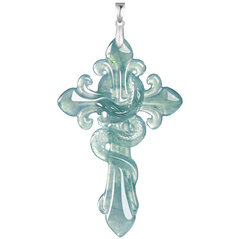 Natural Blue Water Jadeite Serpent-Wrapped Cross Pendant ā A-Grade Jade, S925 Silver Clasp, Steel-Titanium Chain