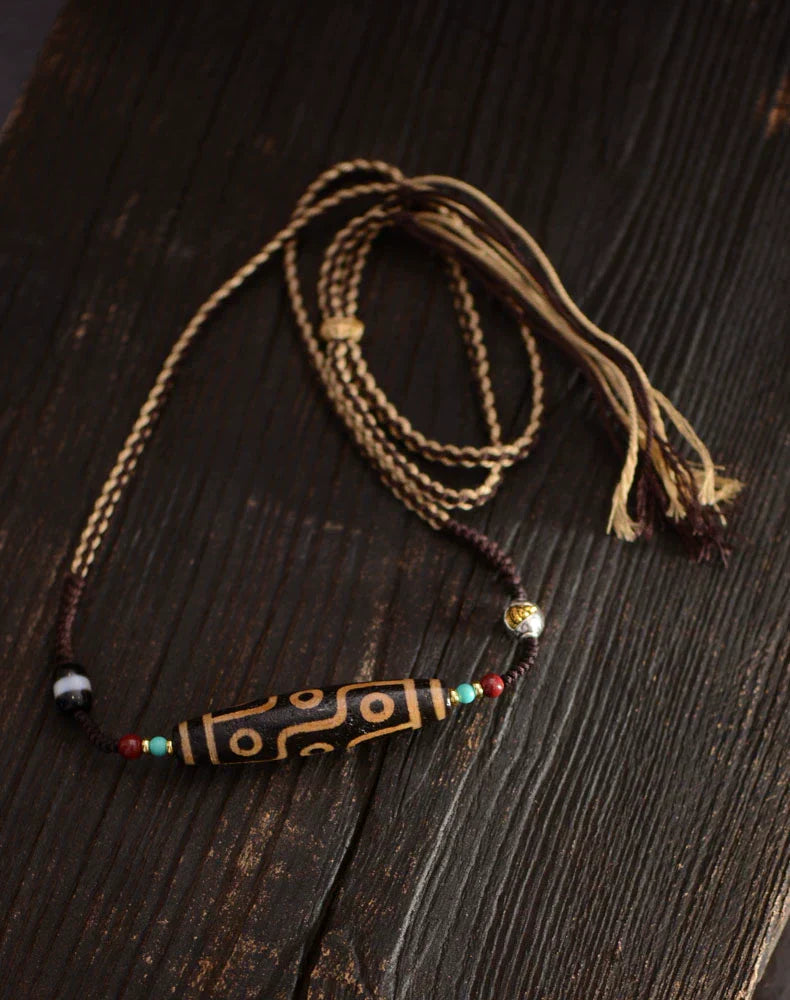 Handwoven Dzi Beads Necklace Tibetan Nine-Eyed Dzi Stone Beads Pendant