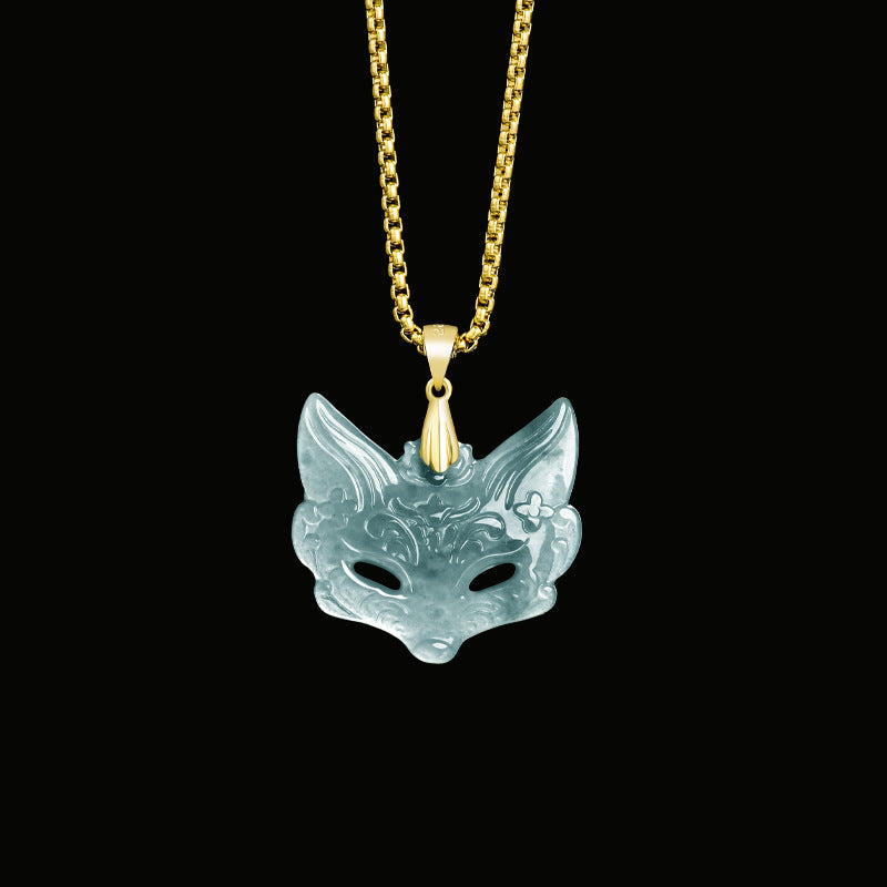 Natural Ice Blue Jadeite Fox Mask Pendant β Genuine A-Grade Blue Water Jade with S925 Silver, Unisex Talisman Necklace for Luck & Protection
