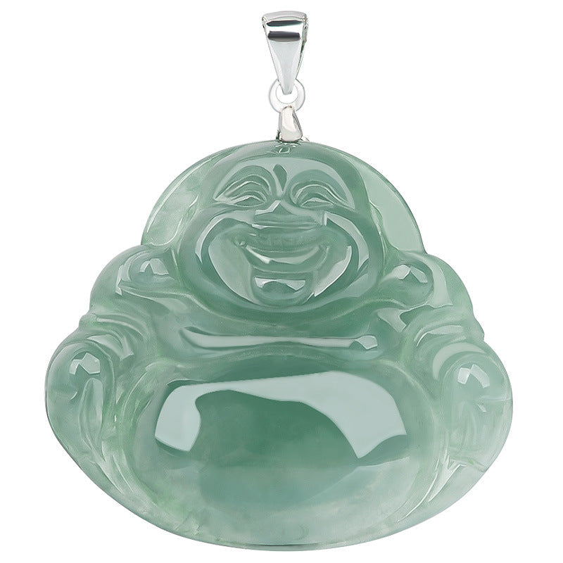 Natural Green Jade Maitreya Buddha Pendant Laughing Buddha S925 Silver Necklace