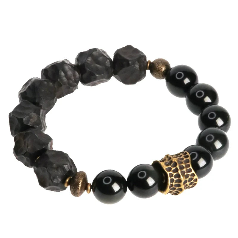 Tibetan Vintage Ebony Wood, Black Obsidian & Brass Bracelet โ For Strength & Protection