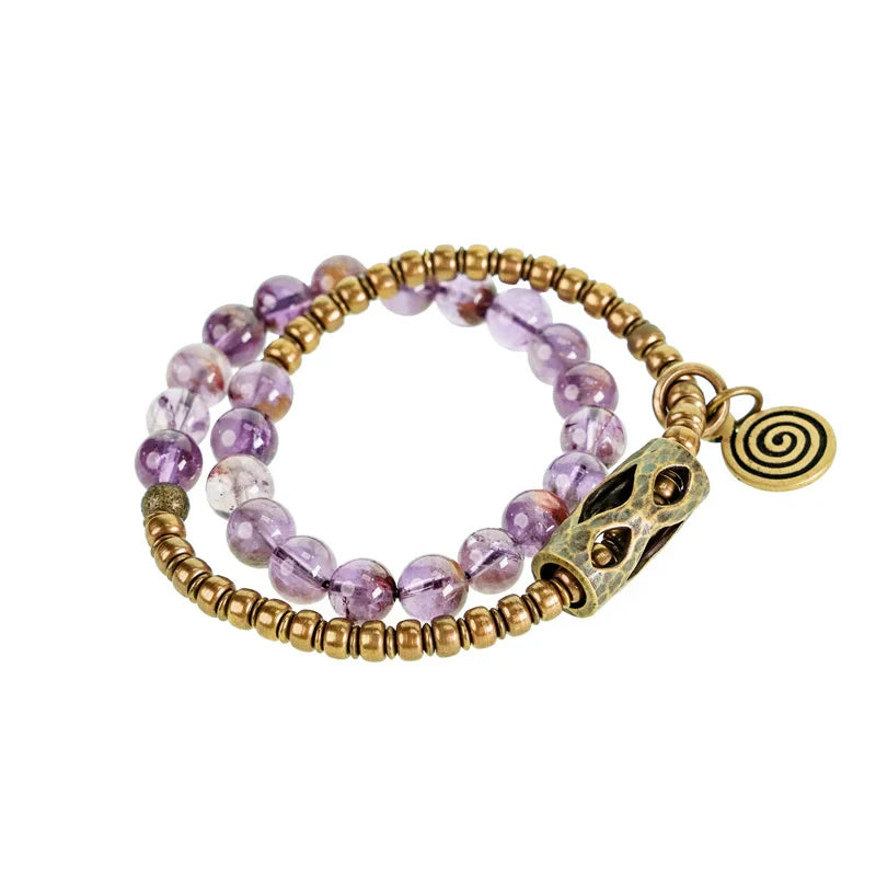 Vintage Double-Wrap Amethyst Phantom Quartz Bracelet – Brass Accents & Spiritual Style