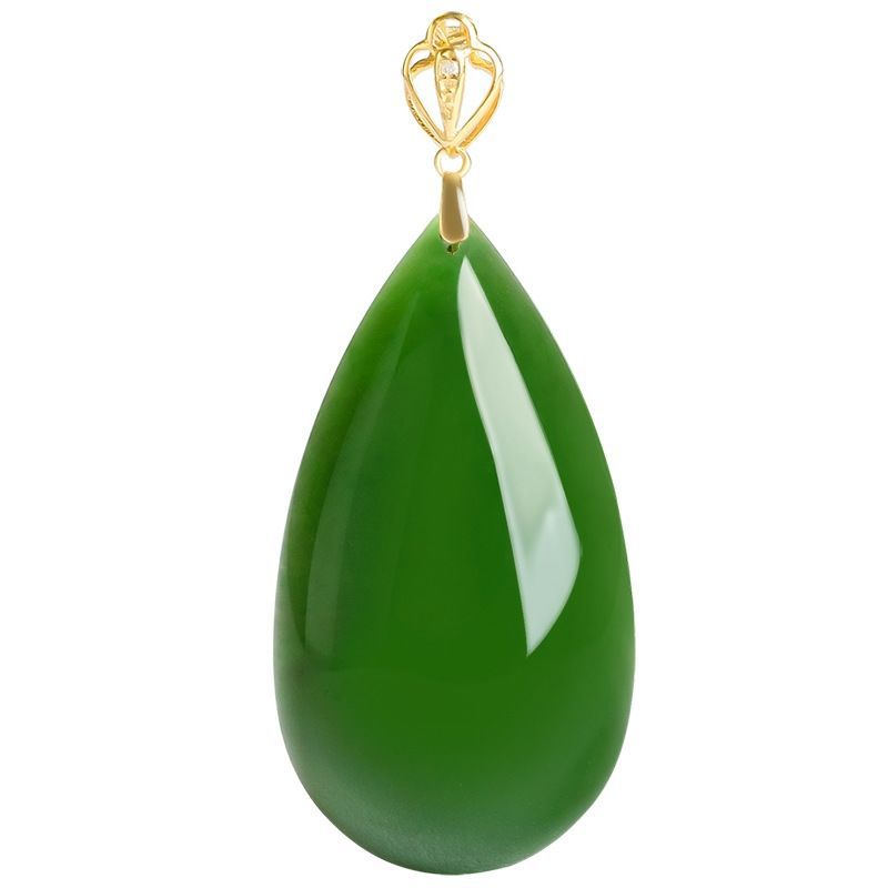 Natural Spinach Green Aged Hetian Jade Teardrop Pendant Necklace, Unisex, 18K Gold Setting
