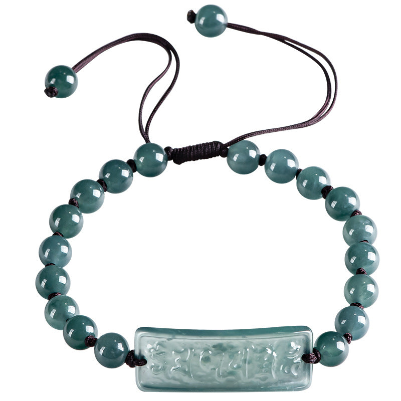 Natural A-Grade Blue Jadeite Six-Character Mantra Bracelet โ Handwoven Ice-Grade Jade Lucky Charm