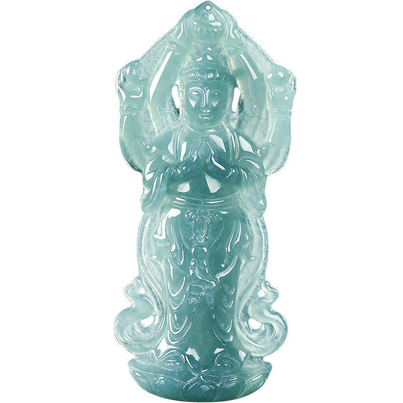 Natural Blue Water Jadeite Thousand-Armed Guanyin Pendant β Zodiac Rat Guardian Buddha