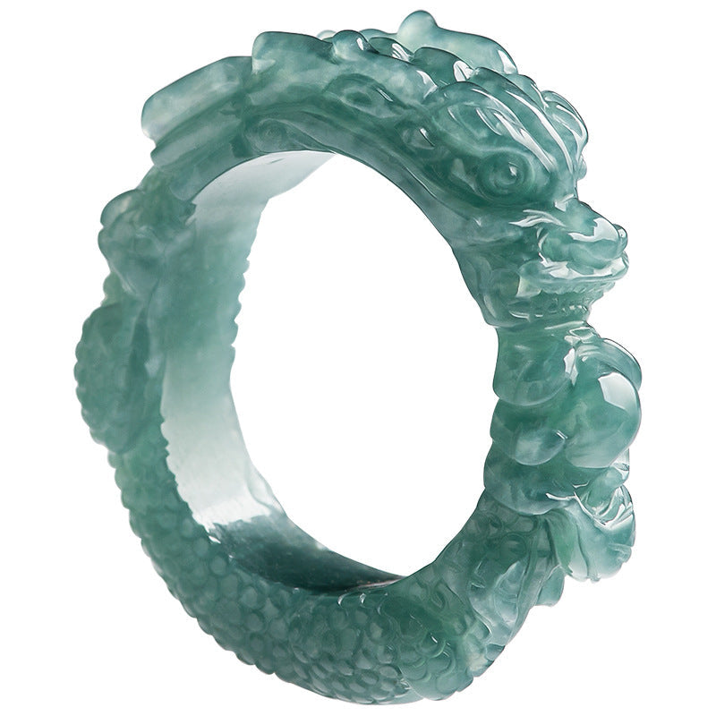 Natural A-Grade Blue Water Jadeite Dragon King Ring β Hand-Carved Ice-Type Jade Ring, 3D Dragon Design Thumb Ring for Men